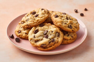13.	A plate of freshly baked chocolate chip cookies with golden edges on a pastel peach background 