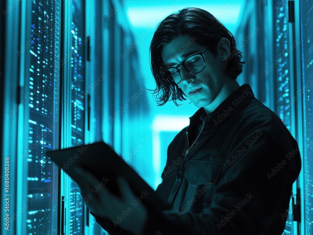 Poster a technician stands focused in a blue-lit server room, examining data on a tablet. the environment f