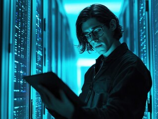 A technician stands focused in a blue-lit server room, examining data on a tablet. The environment features rows of server racks highlighting advanced technology.