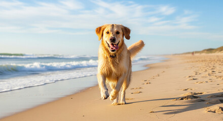 Happy dog playing and running on sandy beach with ocean waves