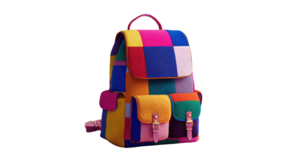 Colorful patchwork backpack.  Bright, vibrant,  multicolored,  square panels,  leather accents,  practical,  travel,  school,  fashion,  accessories