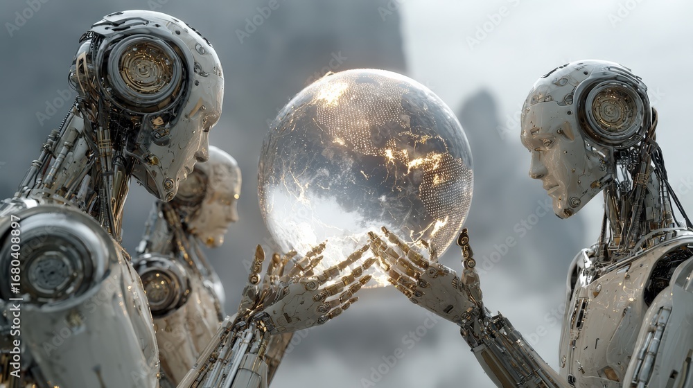Poster robots and the orb of technology: a futuristic scene unfolds as three metallic robots cradle a glowi