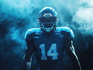 An athlete stands confidently in a blue football uniform, surrounded by fog and backlighting. The intense atmosphere highlights his focus and determination on a game day.