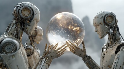 Robots and the Orb of Technology: A futuristic scene unfolds as three metallic robots cradle a glowing orb, hinting at the enigmatic power of technology and innovation.  Generative Ai