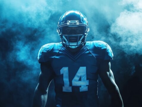 An athlete stands confidently in a blue football uniform, surrounded by fog and backlighting. The intense atmosphere highlights his focus and determination on a game day.