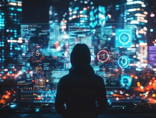 A person in a hooded jacket examines glowing digital displays filled with graphs and data points, set against the vibrant lights of a modern city at night.