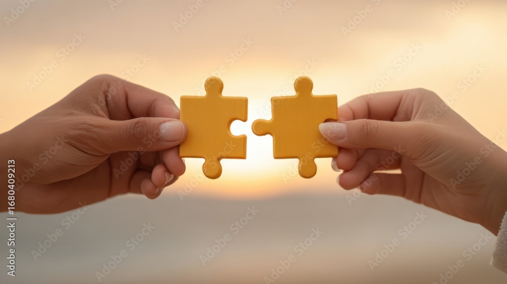 Poster hands holding two puzzle pieces against a beautiful sunset background to represent connection, unity