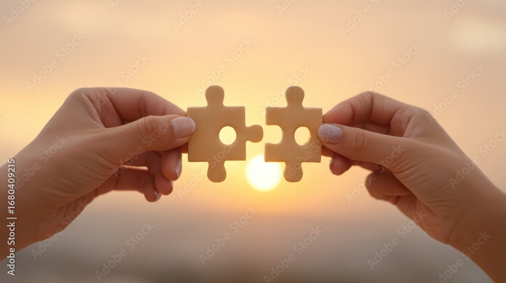 Poster hands holding two puzzle pieces against a beautiful sunset background symbolizing unity, connection,