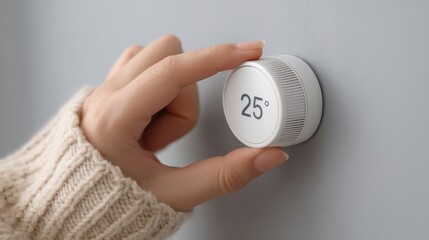 Hand Adjusting a Modern Thermostat to a Comfortable 25 Degrees Celsius in a Cozy Indoor Setting for Home Temperature Management