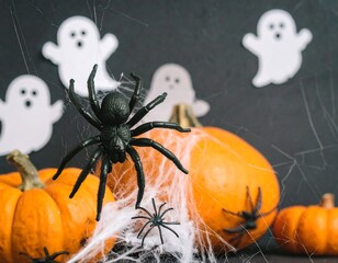 Halloween decorations featuring pumpkins, spiders, and ghosts on a dark background.