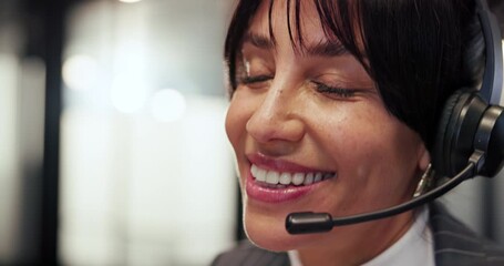 Customer service, call center and happy woman in office talking for online consulting, FAQ and advice. Insurance agency, professional and business person with headset for contact, CRM support or face - Powered by Adobe