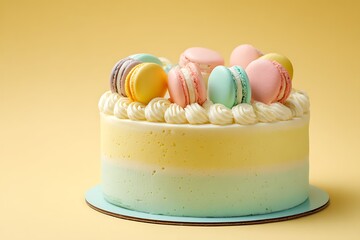 15.	A round frosted cake decorated with pastel-colored macarons on a pastel yellow background 