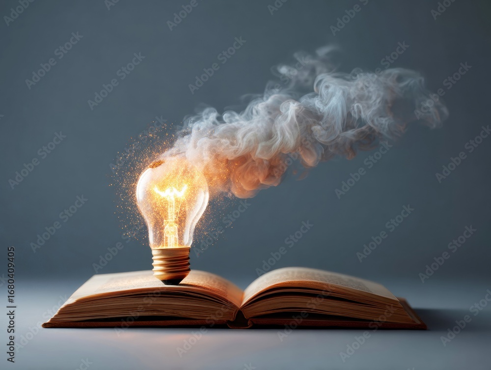 Poster an open book sits on a plain surface with a glowing light bulb protruding from its pages. smoke and 