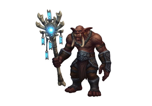 A powerful orc character wielding a glowing, ornate staff, showcasing detailed tribal design elements.