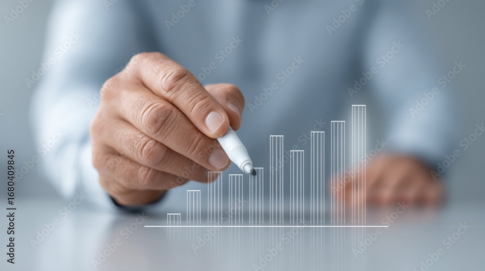 Poster business professional analyzing financial data with marker on transparent graph showing growth and i