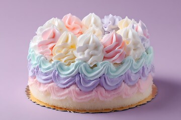 16.	A round sponge cake decorated with pastel whipped cream swirls on a pastel lavender background 