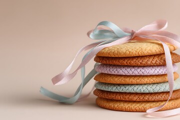17.	A rustic cookie stack tied with pastel ribbon on a pastel cream background 