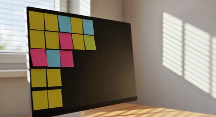 Morning sunlight casts soft shadows on a desk where sticky notes on monitor frame mingle with everyday objects in serene stillness
