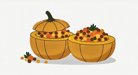 Vibrant autumn hues surround a minimalist stuffed squash with lentils and bold flat colors amidst green herbs and earthy tones