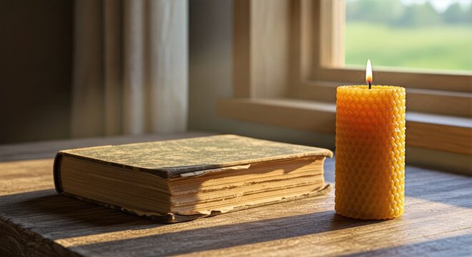 A weathered hardcover book with frayed edges resting beside a glowing beeswax candle on a rustic wooden table - Powered by Adobe
