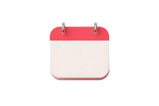 Minimalist 3d render of a blank rounded calendar icon with red top panel on black
