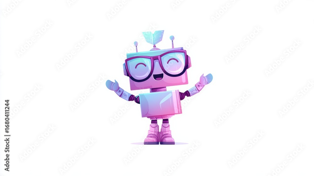 Poster cute robot character with glasses joyfully posing in a playful design on a white background