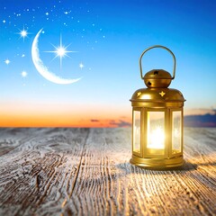 A golden lantern sits on a weathered wooden surface against a backdrop of a serene twilight sky featuring a crescent moon and stars.
