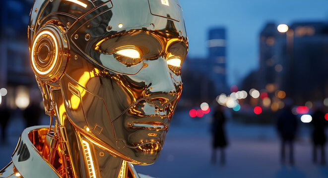 Close-up of a Golden Robotic Head with Glowing Eyes, Set Against a Blurred Cityscape at Night, Representing Artificial Intelligence, Future Technology, and Cybernetics

