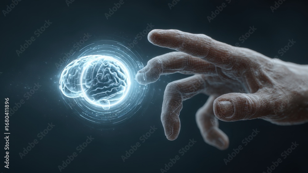 Poster futuristic hand reaching for glowing artificial intelligence brain with neural connections in a dark