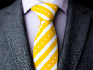 Yellow and white striped tie on gray suit with light purple shirt, creating vibrant and professional look