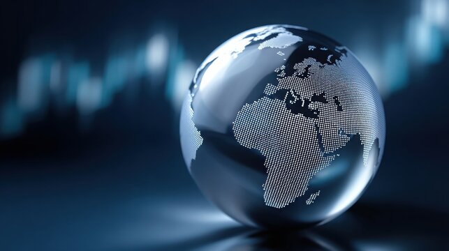 Glowing globe with map details reflecting technological progress in a dark background.