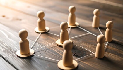 Wooden figures interconnected by threads on a wooden table