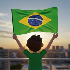 Brazilian Boy Celebrating Sunrise with National Flag: A Patriotism Scene