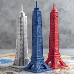 Three miniature, stylized Parisian towers in grey, blue, and red