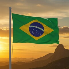 Brazilian Flag Waving at Sunset Over Majestic Mountains in Brazil