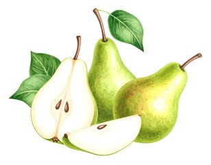 Fresh pears, whole and sliced, with leaves