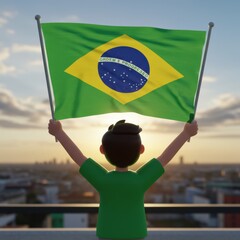 Brazilian Boy Holding National Flag at Sunrise Over Cityscape: A 3D Render of Patriotism and Pride