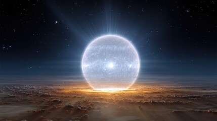 Vast, luminous orb over alien landscape