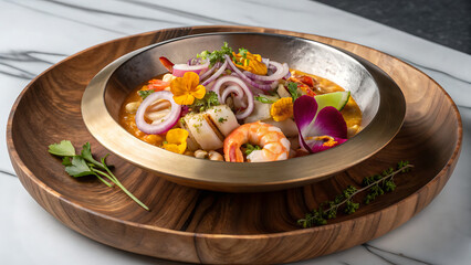 Elegant seafood soup plated in a warm bowl with shrimp and edible flowers, a fine-dining composition rich with coastal aroma 