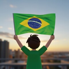 Brazilian Boy Holding National Flag at Sunrise Over Cityscape