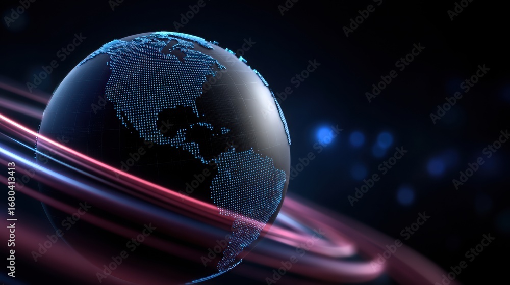 Poster digital globe with a network design, surrounded by glowing rings in a cosmic background.