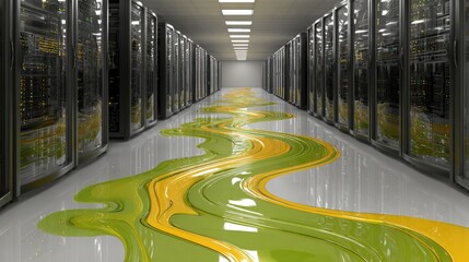 Server room floor with liquid spill