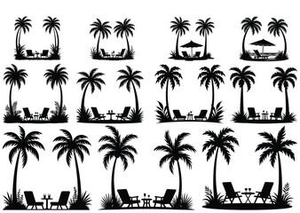 Tropical beach scene silhouettes with palm trees chairs and drinks