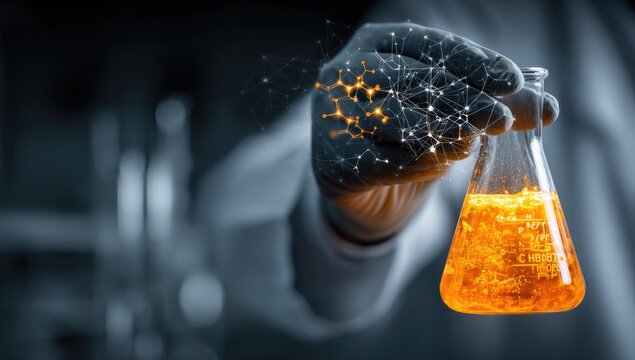 Scientist holds glowing flask, molecular structures