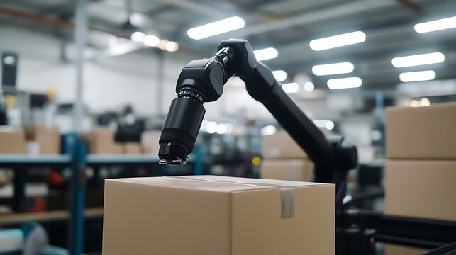 Robotic Arm Handling a Box in a Warehouse