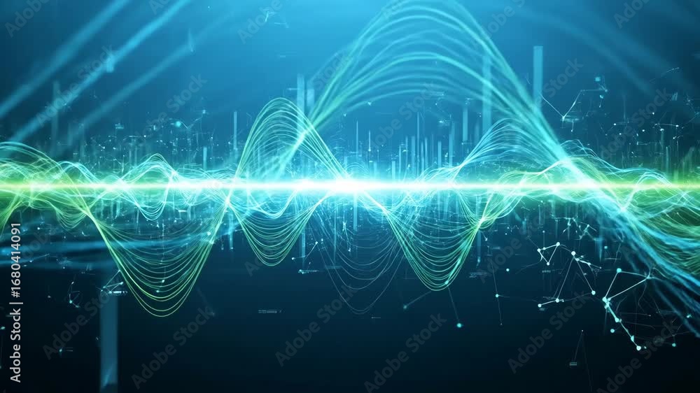 Poster glowing wave data stream background - abstract background animation featuring glowing teal and green