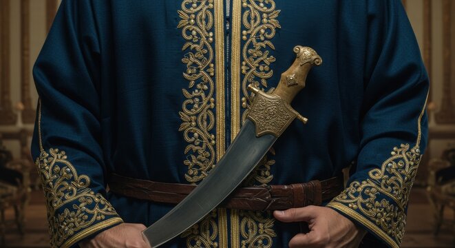 A Man in Embroidered Robe Holds a Jambia Dagger