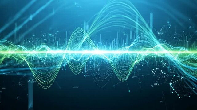 Glowing Wave Data Stream Background - Abstract background animation featuring glowing teal and green waves flowing across a dark blue backdrop, interspersed with data points and lines, symbolizing