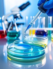 Petri dishes in the laboratory with pipette with drop of color liquid