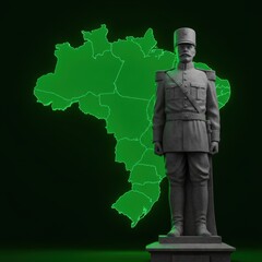 Digital Rendering of a Brazilian Military Officer Statue with Neon Green Map Outline of Brazil in the Background